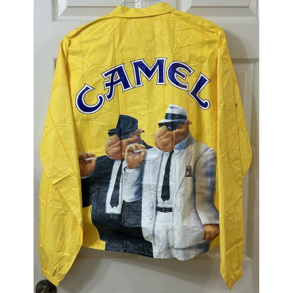 Vtg 90s Joe Camel Cigarettes Zip Advertising Jacket Yellow Promo XL (44-46)